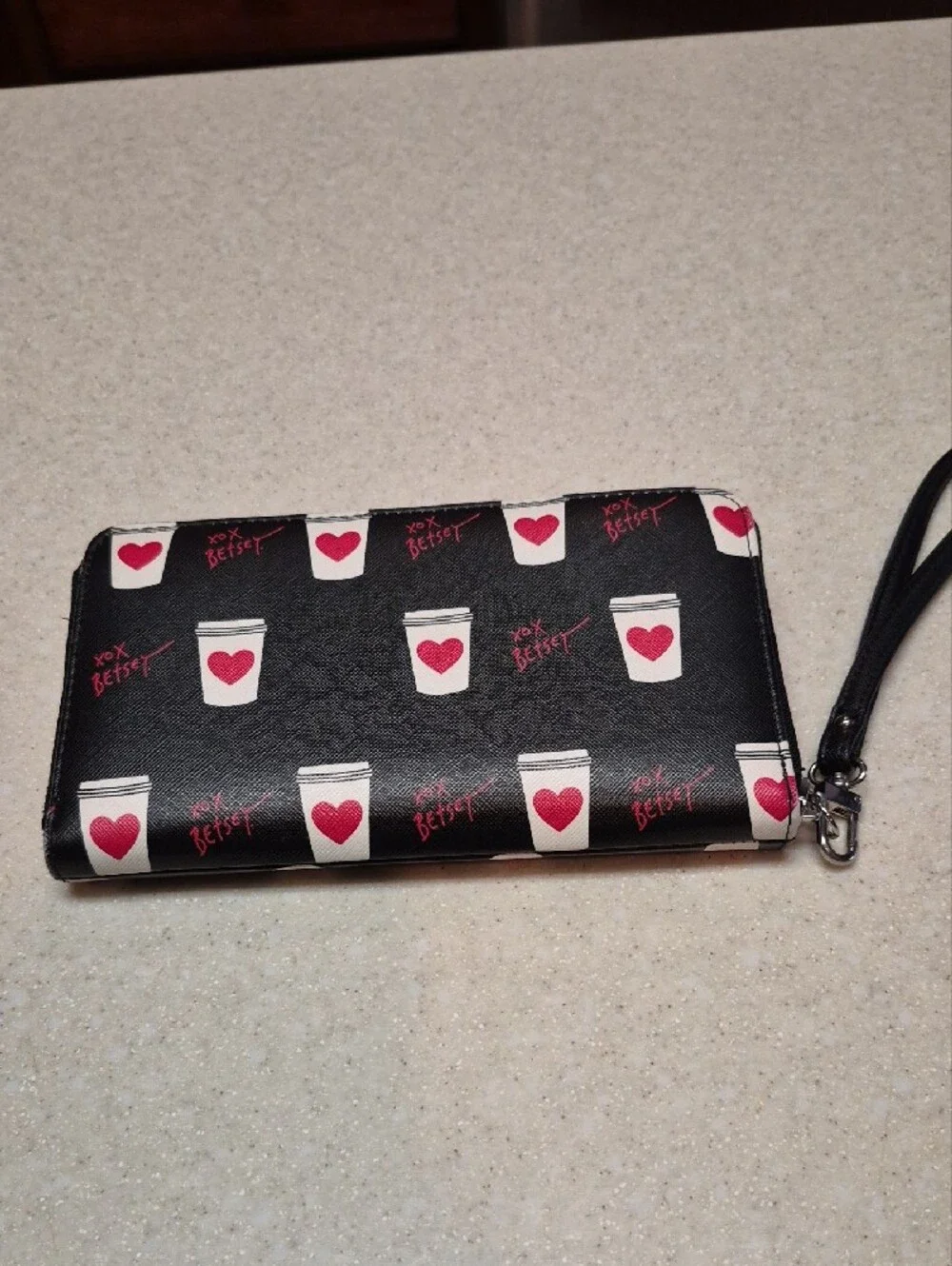 Betsey Johnson Black Wristlet Wallet with Pink Heart Coffee Cups